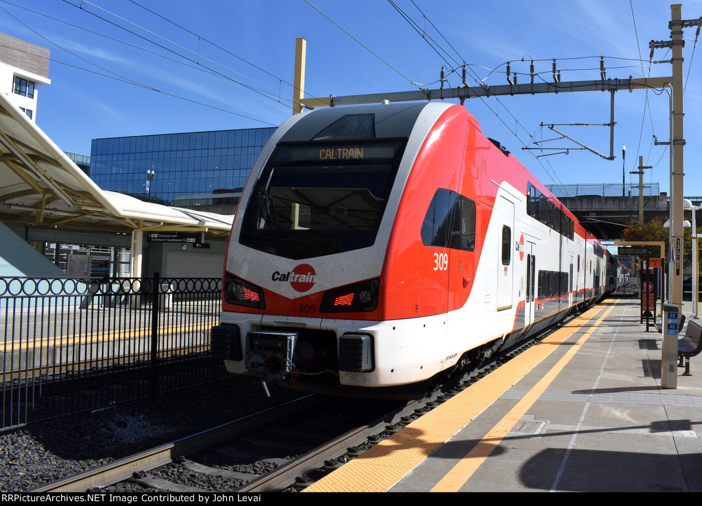 Caltrain Stadler KISS MU Car # 309 trails on the southbound run